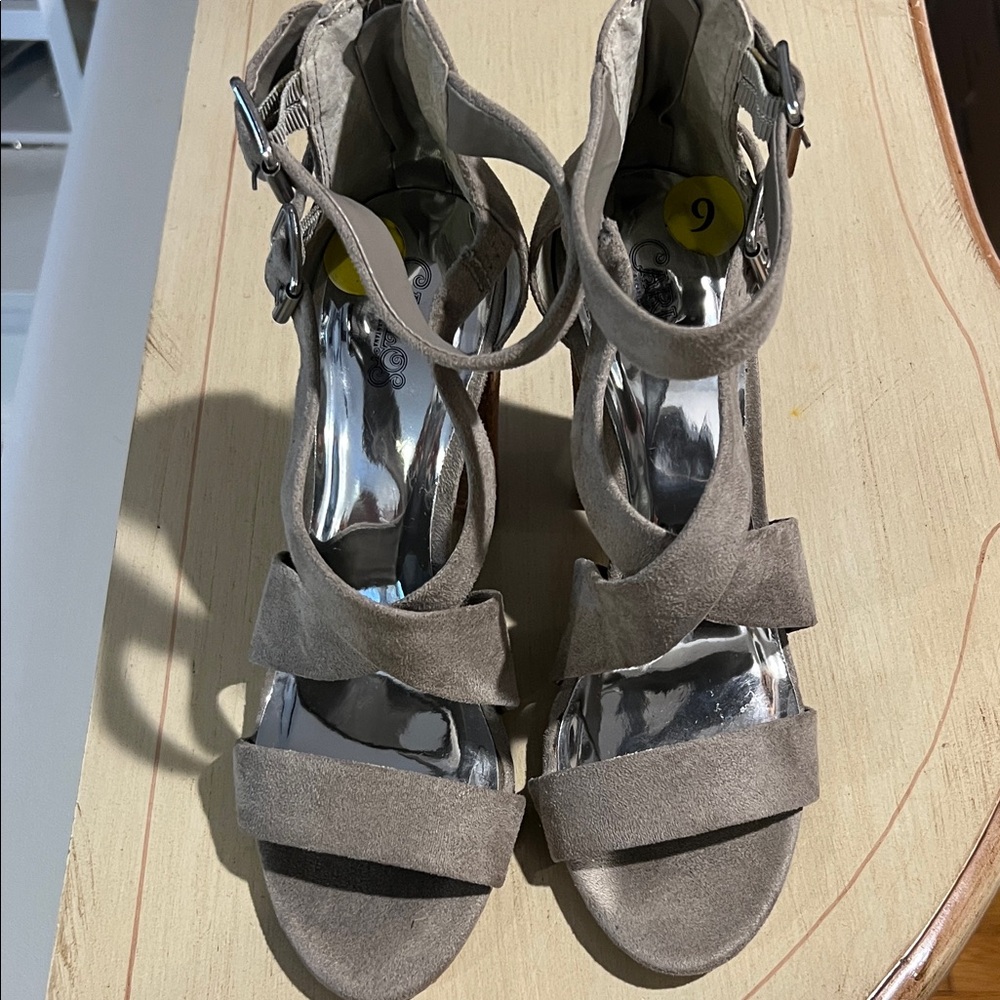 Women's Taupe Suede Strappy Block Heel Sandals